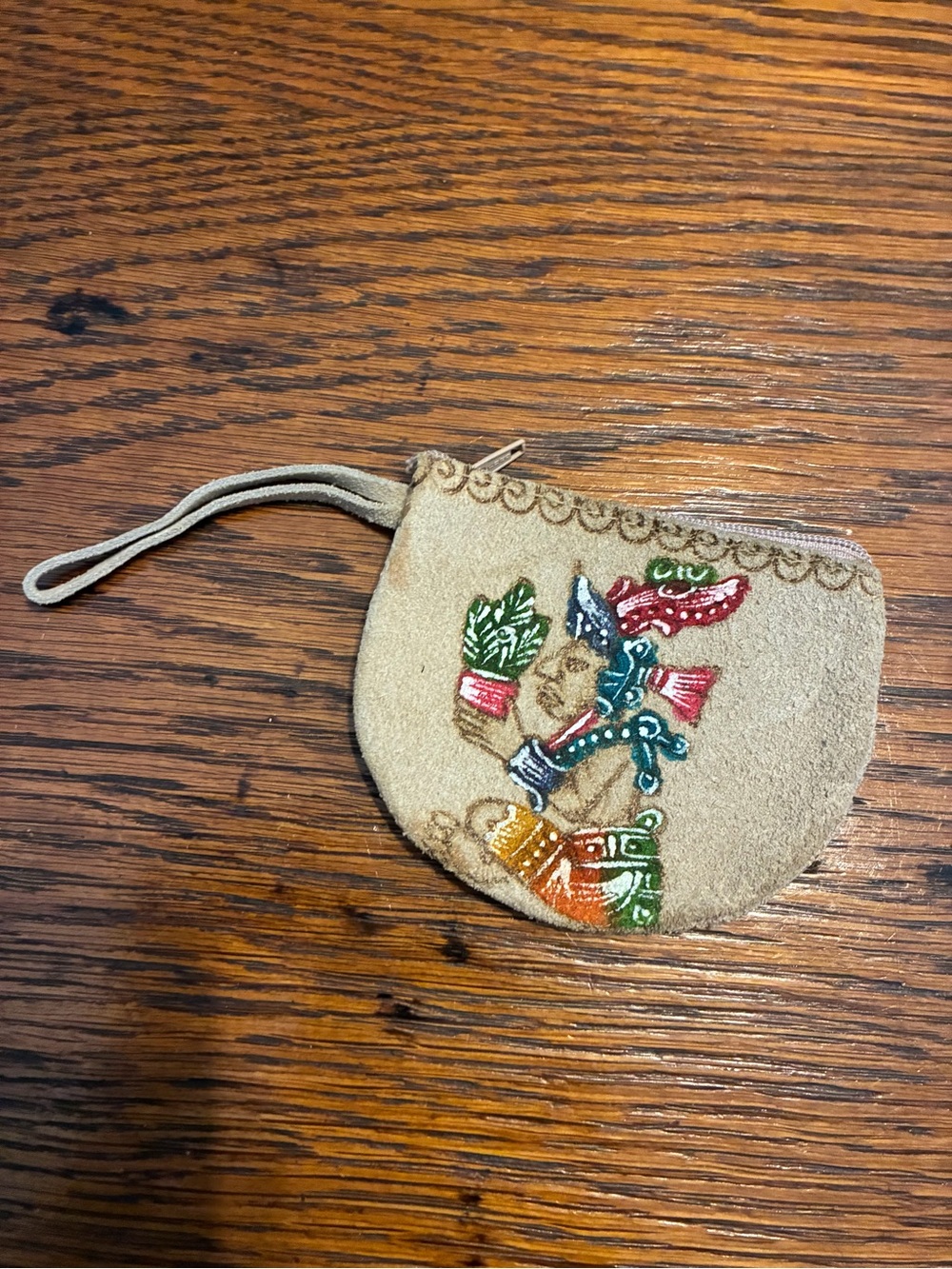 Beige Embroidered Suede Wristlet Coin Purse